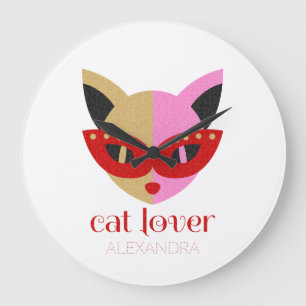 Reloj Redondo Grande Cat Lover Cute Red Pink Gold Name Personalizado