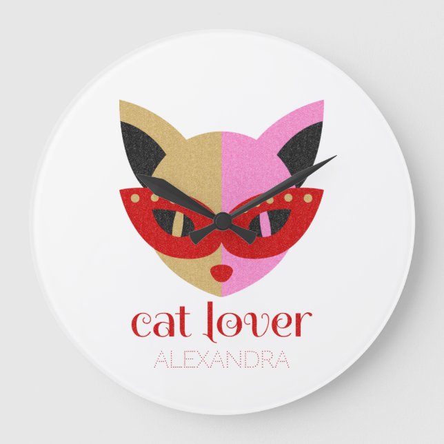 Reloj Redondo Grande Cat Lover Cute Red Pink Gold Name Personalizado (Anverso)