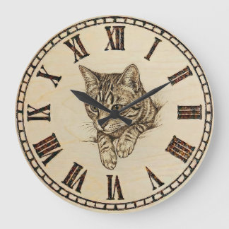 Reloj Redondo Grande Cat Wall Clock with Wood-Burned Style Illustration