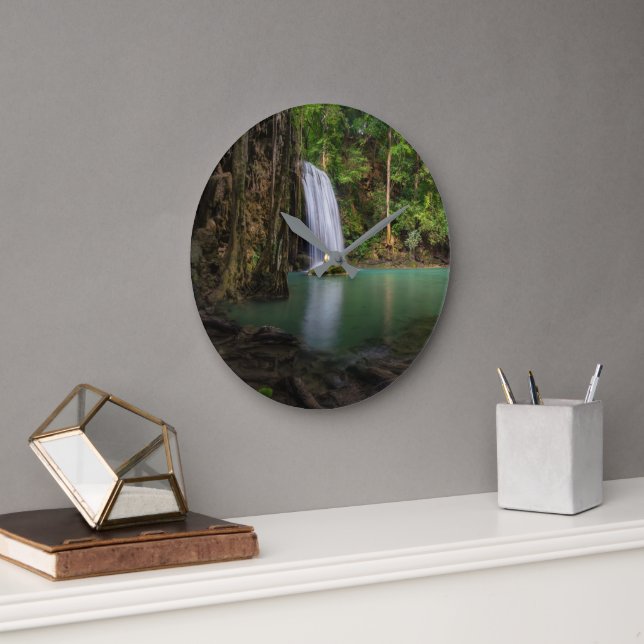 Reloj Redondo Grande Cataratas | Caída de la selva tropical de primaver (Oficina)