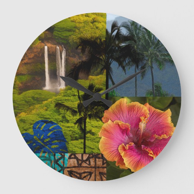 Reloj Redondo Grande Cataratas Opaeka'a, Collage hawaiano de Kauai (Anverso)