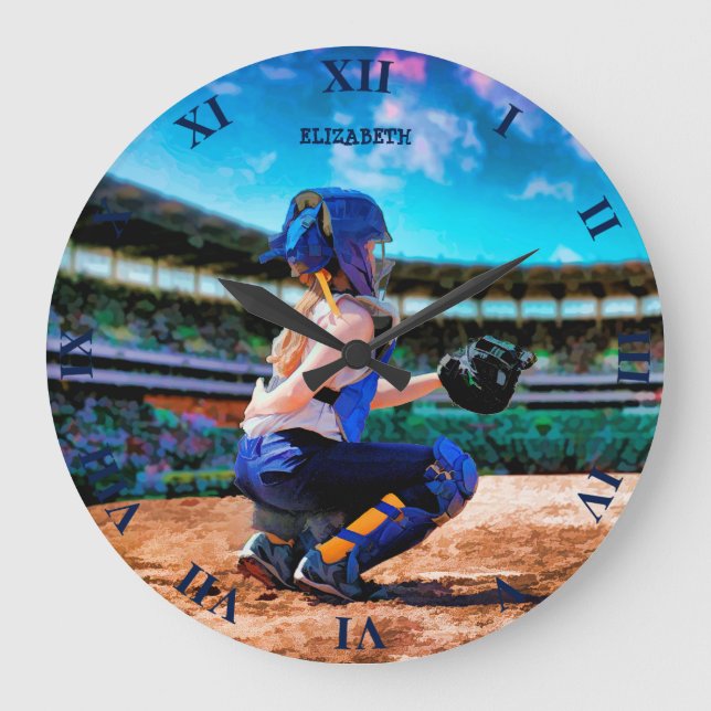 Reloj Redondo Grande Catcher De Softball Y Pintura De Estadio (Anverso)