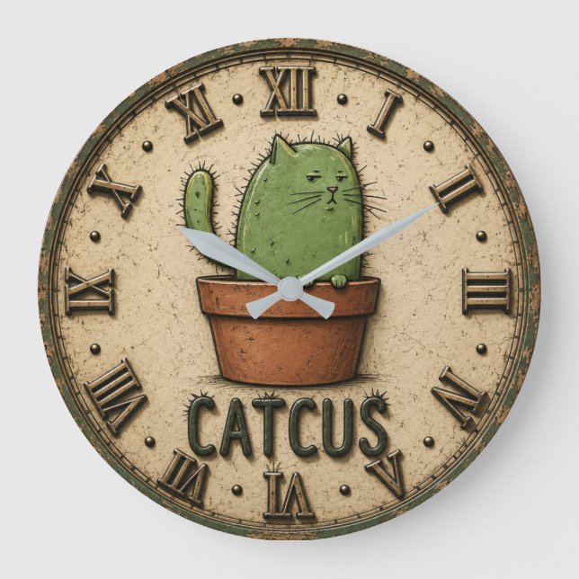 Reloj Redondo Grande Catcus Funny Cactus Cat (Anverso)