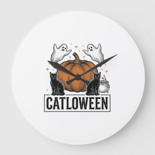 Reloj Redondo Grande Catloween Gato Negro Fantasma Diseño Vectorial de