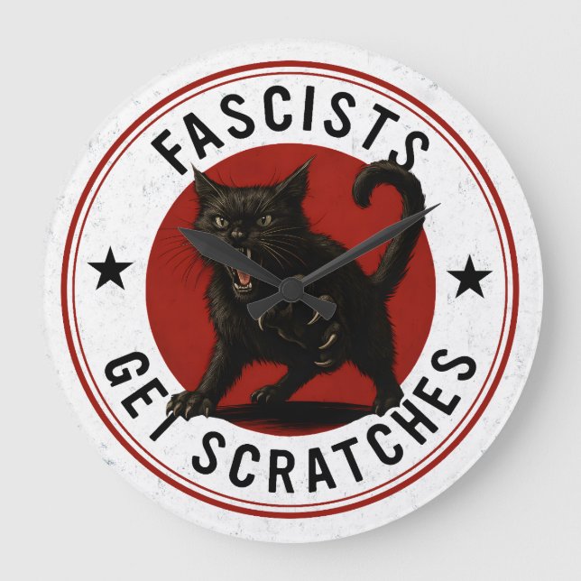 Reloj Redondo Grande Cats Against Fascists (Anverso)