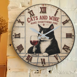 Reloj Redondo Grande Cats and Wine Make Everything Fine