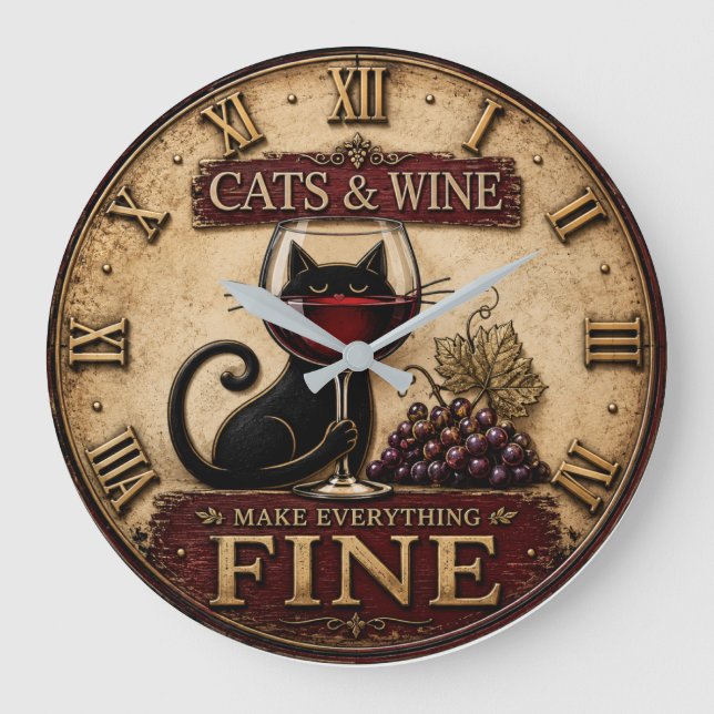 Reloj Redondo Grande Cats and Wine Make Everything Fine Rustic Farm (Anverso)