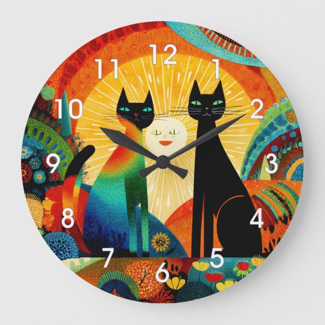 Reloj Redondo Grande Cats on Bright and Colorful Background, (Anverso)