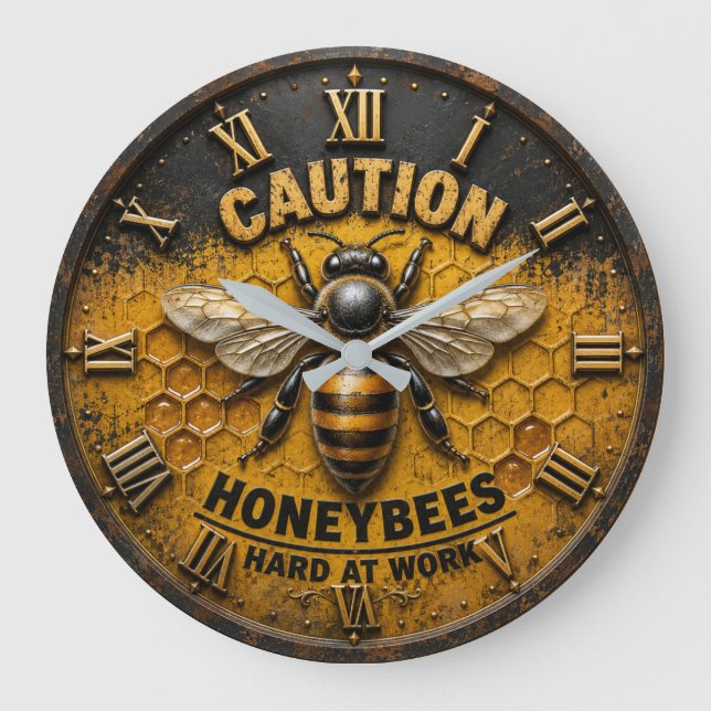 Reloj Redondo Grande Caution Honeybees Hard at Work  Rustic Beekeeper  (Anverso)