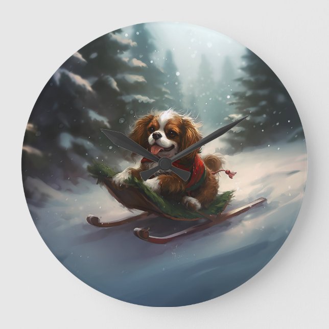 Reloj Redondo Grande Cavalier King Charles Spaniel  Nieve de Navidad (Anverso)