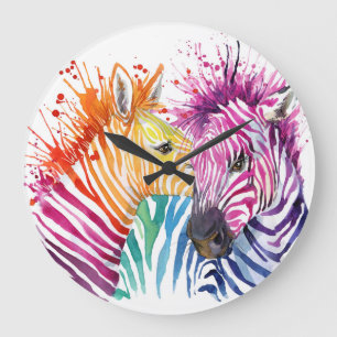Reloj Redondo Grande Cebra arcoiris, ilustracion silvestre acuático.