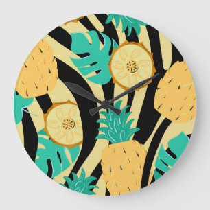 Reloj Redondo Grande Cebra, monstera, piña: patrón de verano.