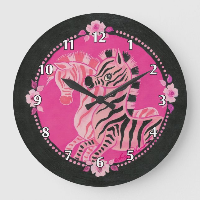 Reloj Redondo Grande Cebras rosadas femeninas en negro (Anverso)