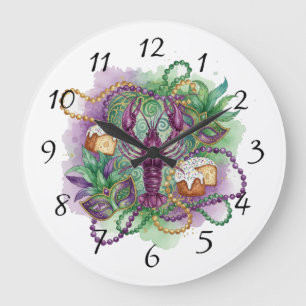 Reloj Redondo Grande Celebración de Acuarela de Mardi Gras