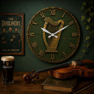 Reloj Redondo Grande Celtic Harp Vintage Irish Music Decor