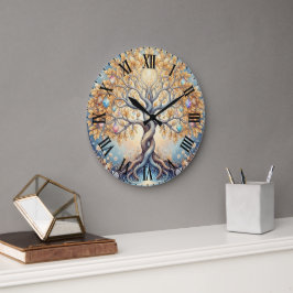 Reloj Redondo Grande Cemas de Cristal Árbol Dorado Mágico Espiritual