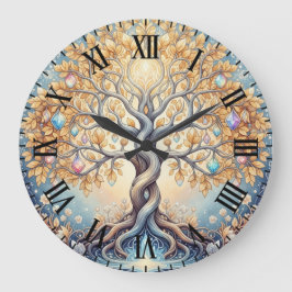 Reloj Redondo Grande Cemas de Cristal Árbol Dorado Mágico Espiritual