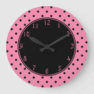Reloj Redondo Grande Centro negro Pequeños lunares negros sobre rosa ca
