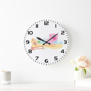 Reloj Redondo Grande Cerdo divertido en granja con granero y cerca