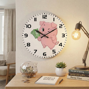 Reloj Redondo Grande Cerdo Rosa Sosteniendo Efectivo Dando Pulgar Hacia