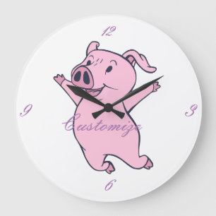 Reloj Redondo Grande Cerdo rosado feliz que salta Thunder_Cove