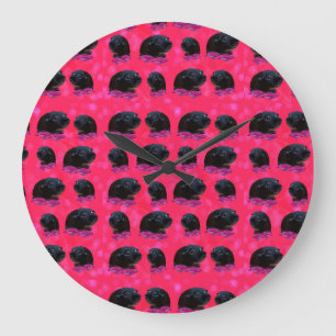 Reloj Redondo Grande Cerdos De Guinea Negra Sobre Rosas Rosa De Bonito