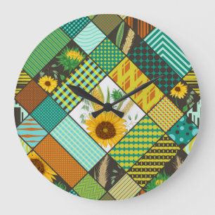 Reloj Redondo Grande Cereales de patchwork, girasoles, motivos geométri