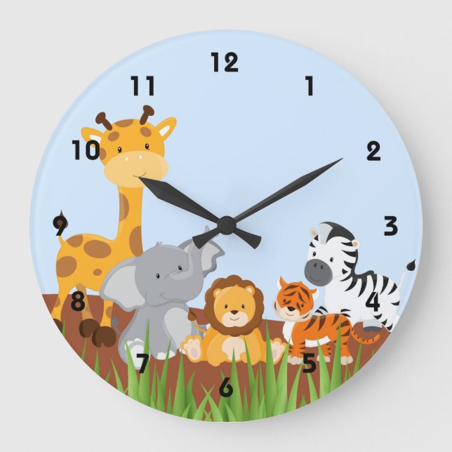 Reloj Redondo Grande Cerraduras murales para bebés de la selva azul (Anverso)