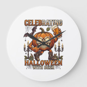 Reloj Redondo Grande Cerveza de Halloween Calavera Calabaza Murciélago 