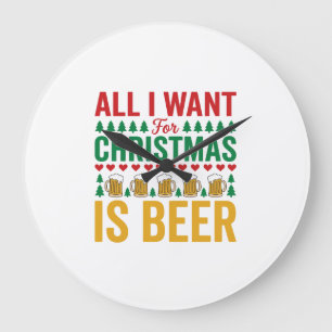 Reloj Redondo Grande Cerveza de Navidad Diseño Divertido de Bebida para