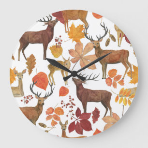 Reloj Redondo Grande Cervezas, hojas de otoño: patrón de acuarela.