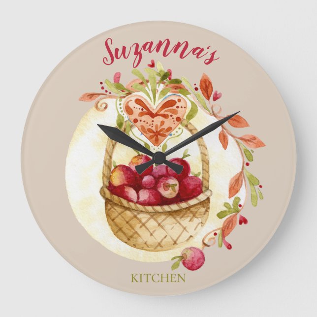 Reloj Redondo Grande Cesta de Manzanas Rojas de Otoño  (Anverso)