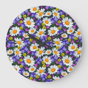 Reloj Redondo Grande Chamomile, flores silvestres: patrón sin costuras.