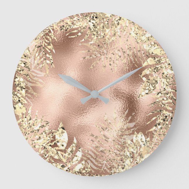 Reloj Redondo Grande Champaigne Gold Palm Leafs Metallic Floral Rubor (Anverso)
