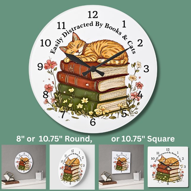 Reloj Redondo Grande Change Text -Easily Distracted Books & Cats  (Subido por el creador)
