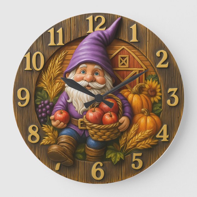 Reloj Redondo Grande Cheerful gnome with apple basket harvest (Anverso)
