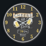 Reloj Redondo Grande Cheers and Beers to 70 Years Birthday<br><div class="desc">Celebrate your 70th Birthday in style with this rustic "Cheers and Beers" vintage barroom look design.  Composite design by Holiday Hearts Designs (rights reserved).</div>