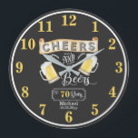 Reloj Redondo Grande Cheers and Beers to 70 Years Birthday<br><div class="desc">Celebrate your 70th Birthday in style with this rustic "Cheers and Beers" vintage barroom look design.  Composite design by Holiday Hearts Designs (rights reserved).</div>