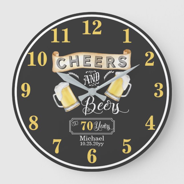 Reloj Redondo Grande Cheers and Beers to 70 Years Birthday (Anverso)