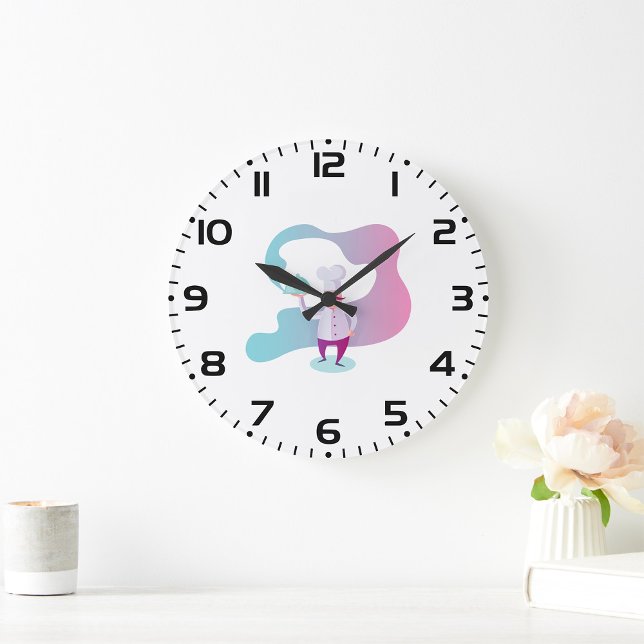 Reloj Redondo Grande Chef sonriente con bigote y bandeja de servicio (Subido por el creador)