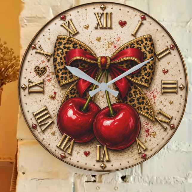 Reloj Redondo Grande Cherry Bow Cute Leopard Print Coquette Cherry (Subido por el creador)