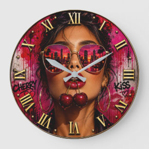 Reloj Redondo Grande Cherry Kiss Glam Woman Portrait with Cherries