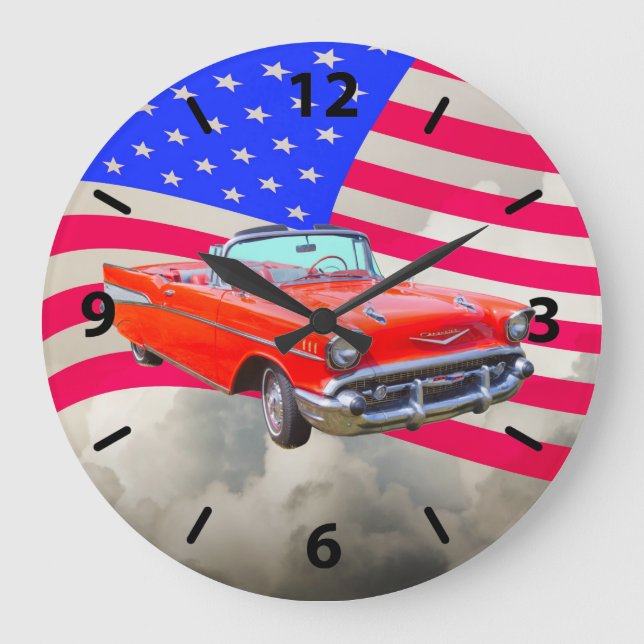 Reloj Redondo Grande Chevrolet Bel Air Classic Car Y Bandera Estadounid (Anverso)