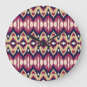 Reloj Redondo Grande Chevron de ikat azul rosado, étnico.