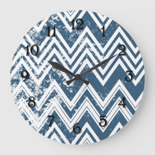 Reloj Redondo Grande Chevron Grunge Azul y Blanco