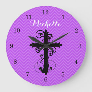 Reloj Redondo Grande Chevron Swirling Cross Purple Personalizado