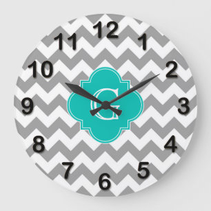 Reloj Redondo Grande Chevron ZigZag Gris Blanco Monograma Cuatrofojas V