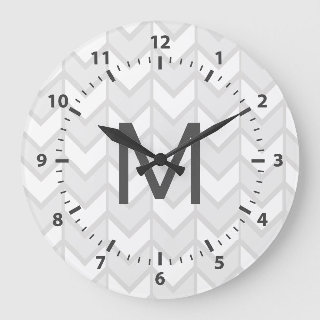 Reloj Redondo Grande Chevrons Gris y Blancos Bohemios Elegantes (Anverso)