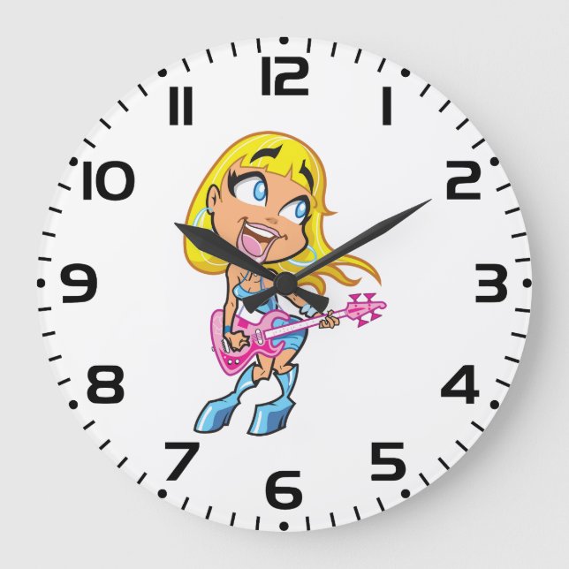 Reloj Redondo Grande Chibi Blonde Girl Rocker Playing Pink Bass Guitar (Anverso)