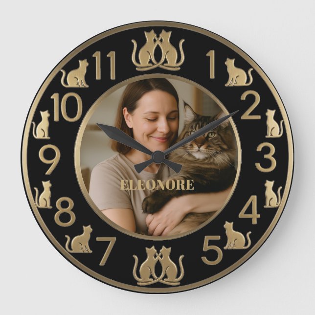 Reloj Redondo Grande Chic Black & Gold Cat Lover's Wall Clock (Anverso)